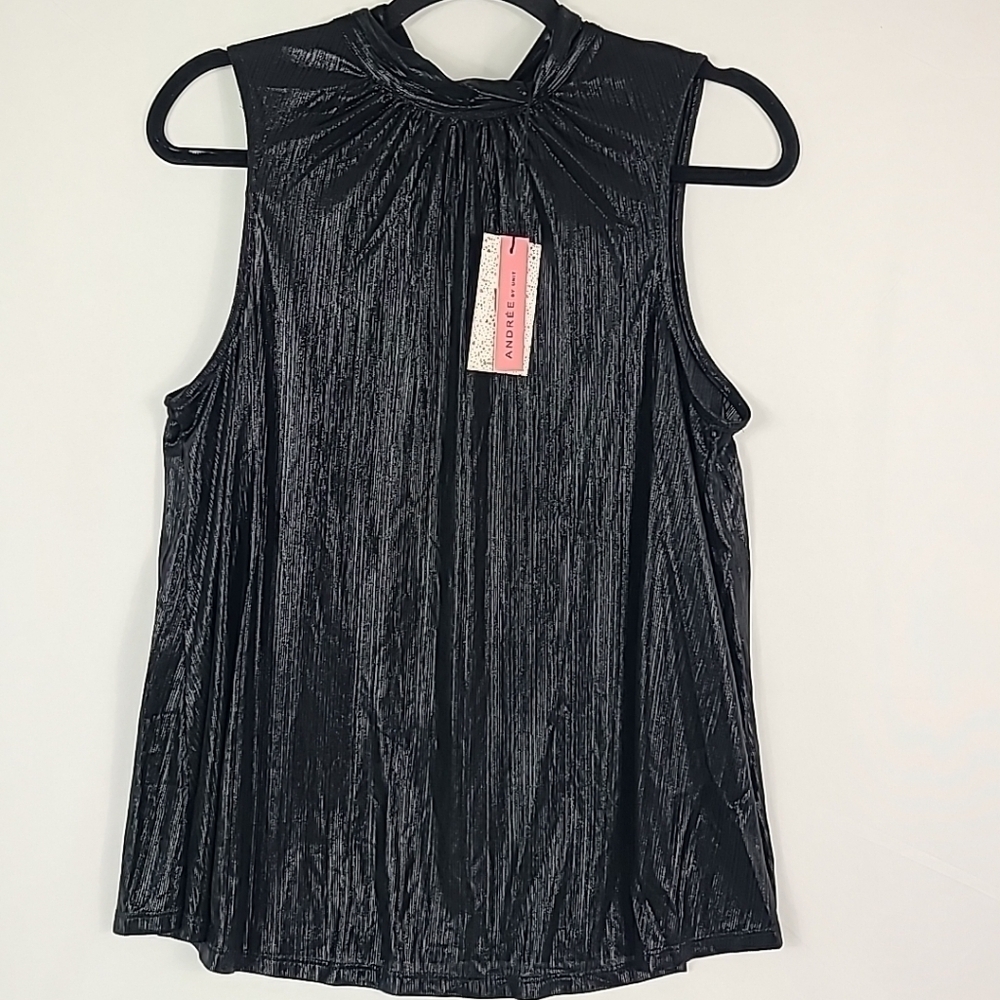 NWT Andree By Unit Halter Top Women's Shiny Black Relaxed Fit Sz S